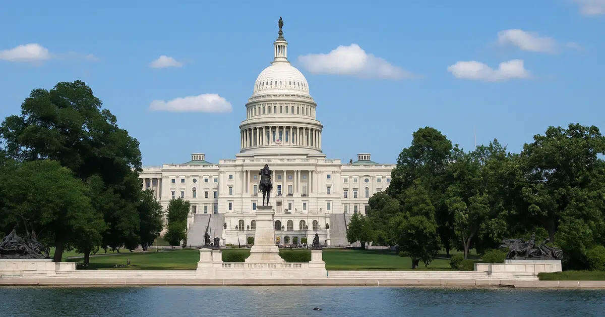 בניין הקפיטול בוושינגטון הבירה ביום בהיר – מבט מרוחק מעל בריכת ההשתקפות