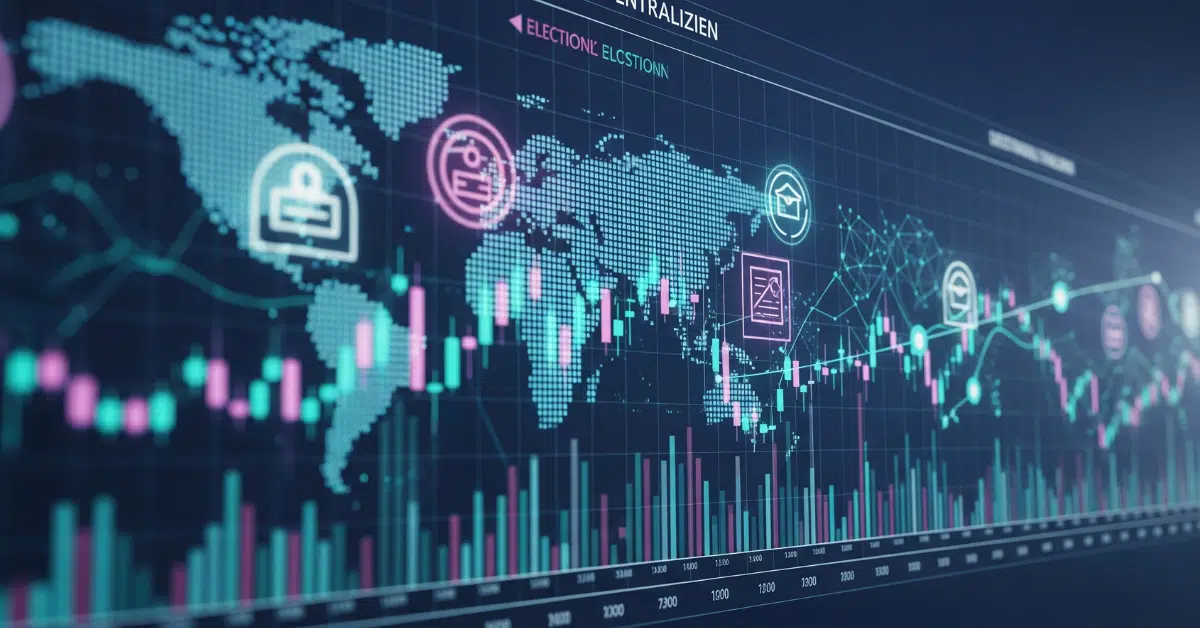 גרף דיגיטלי כחול-סגול המציג נתונים פיננסיים על רקע מפה עולמית מופשטת ורשת בלוקצ'יין.