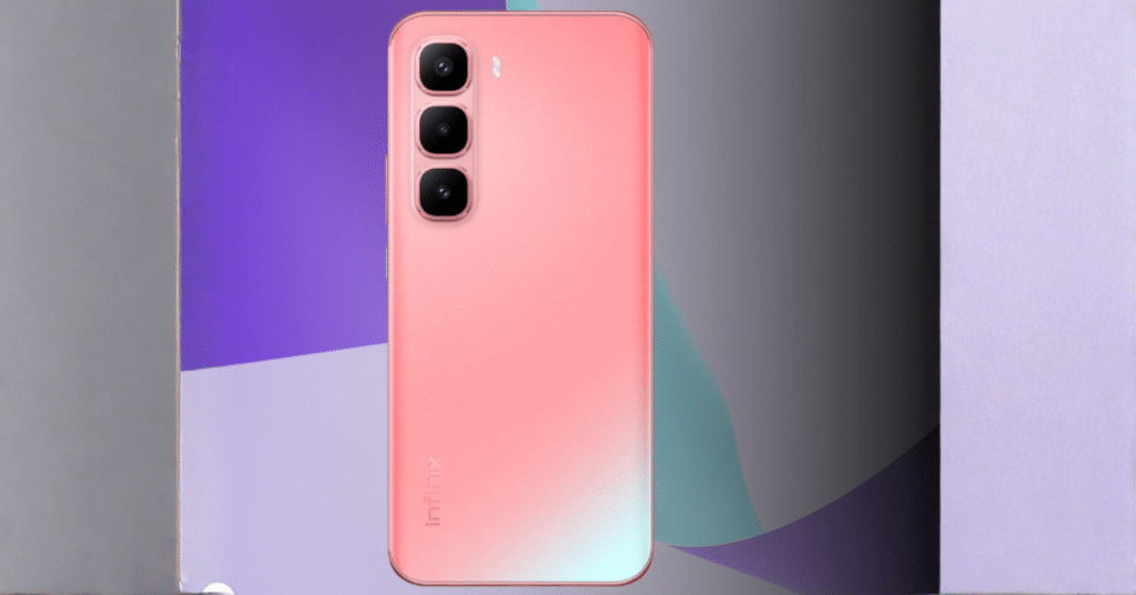 סמארטפון Infinix Hot 60 בגוון ורוד עם שלוש מצלמות, מוצג על רקע גיאומטרי מודרני